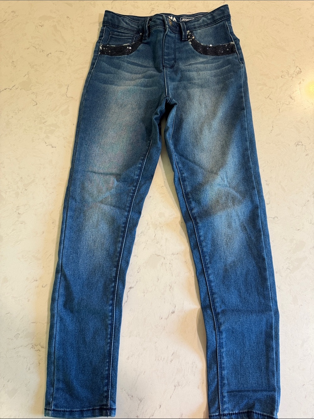 Sonoma Girls' Dark Blue Denim-Look Leggings with Sequin Pocket Trim